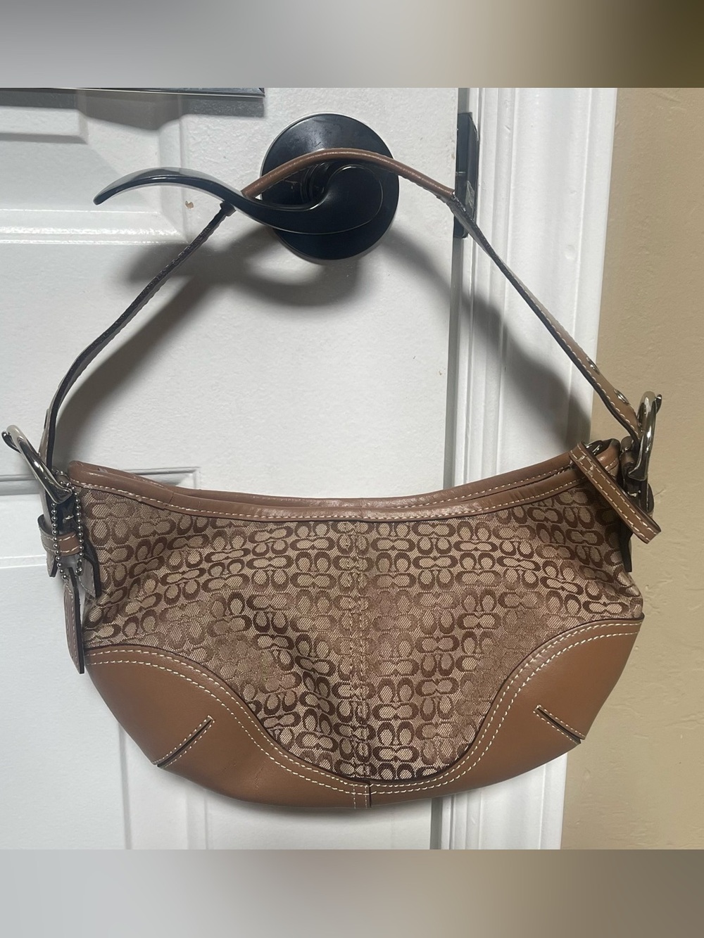 Authentic Soho Coach mini Brown Signature Jacquard Shoulder Bag with Leather